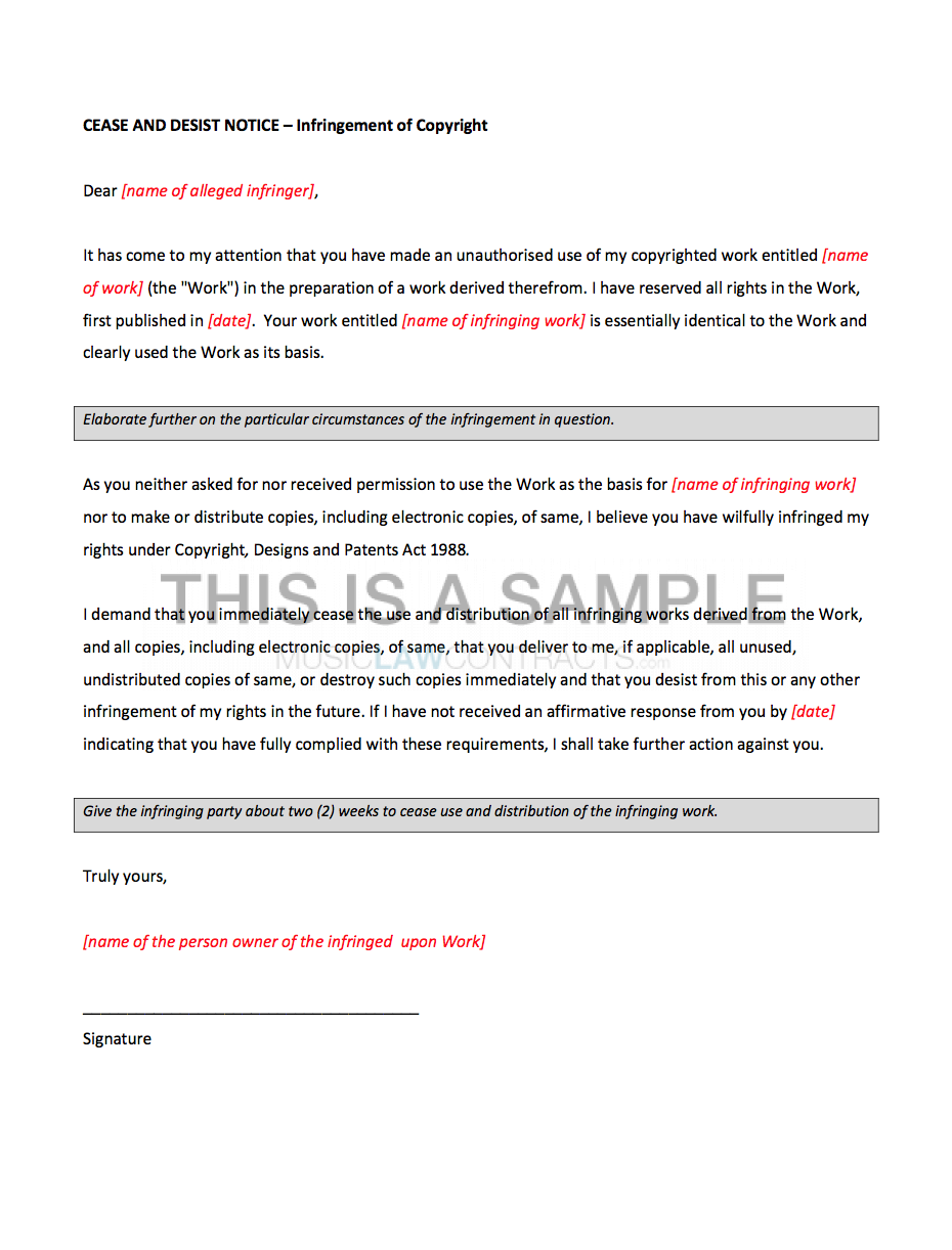 cease and desist letter for copyright infringement template