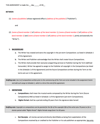 Music publishing contract