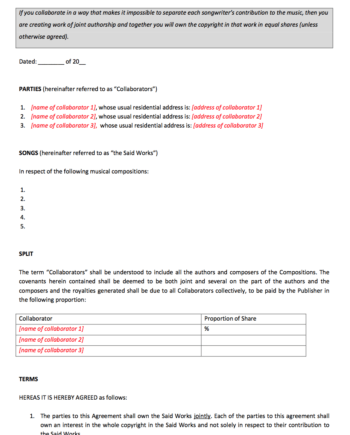 Joint songwriting contract