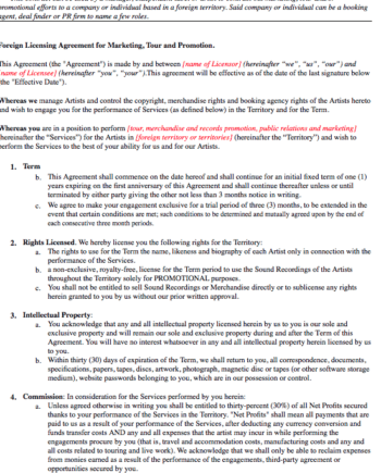 Foreign Licensing Agreement for Marketing, Tour and Promotion