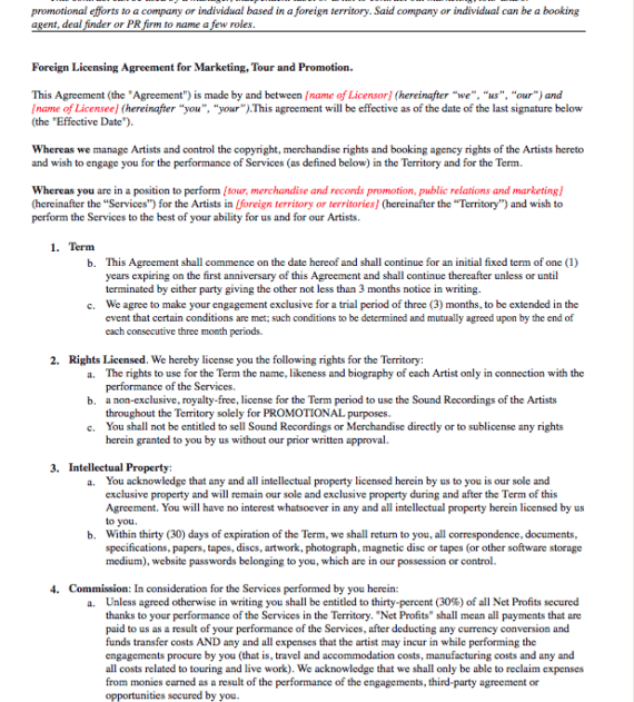 Foreign Licensing Agreement for Marketing, Tour and Promotion