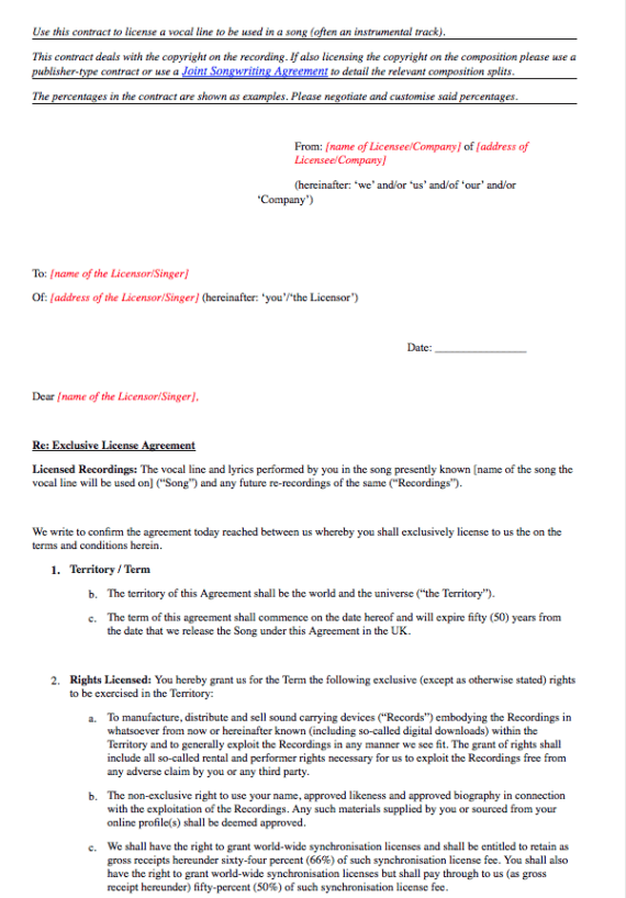 License for a Vocal Line Recording
