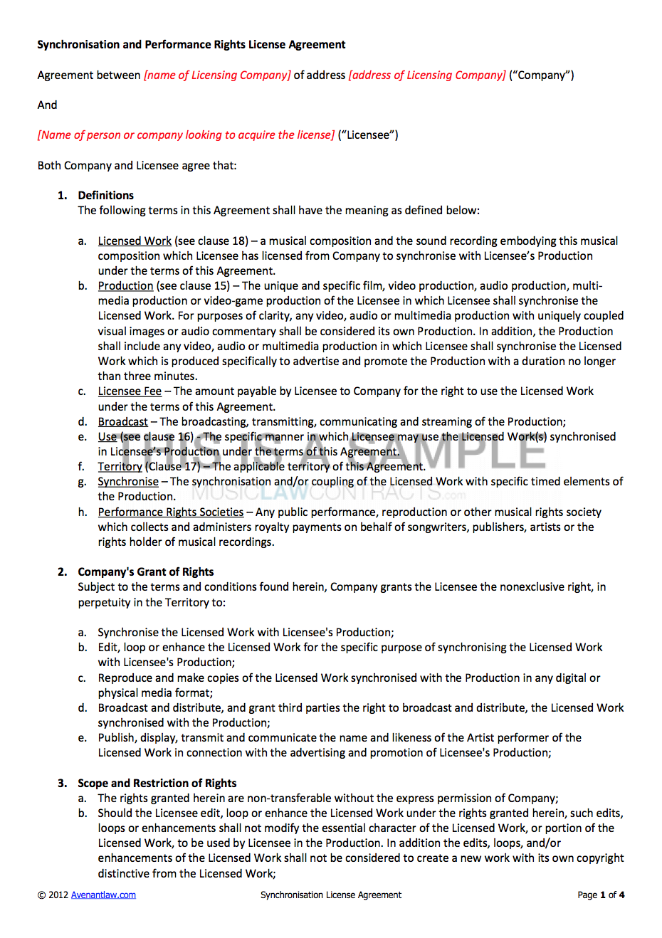 Synchronisation License Contract Template